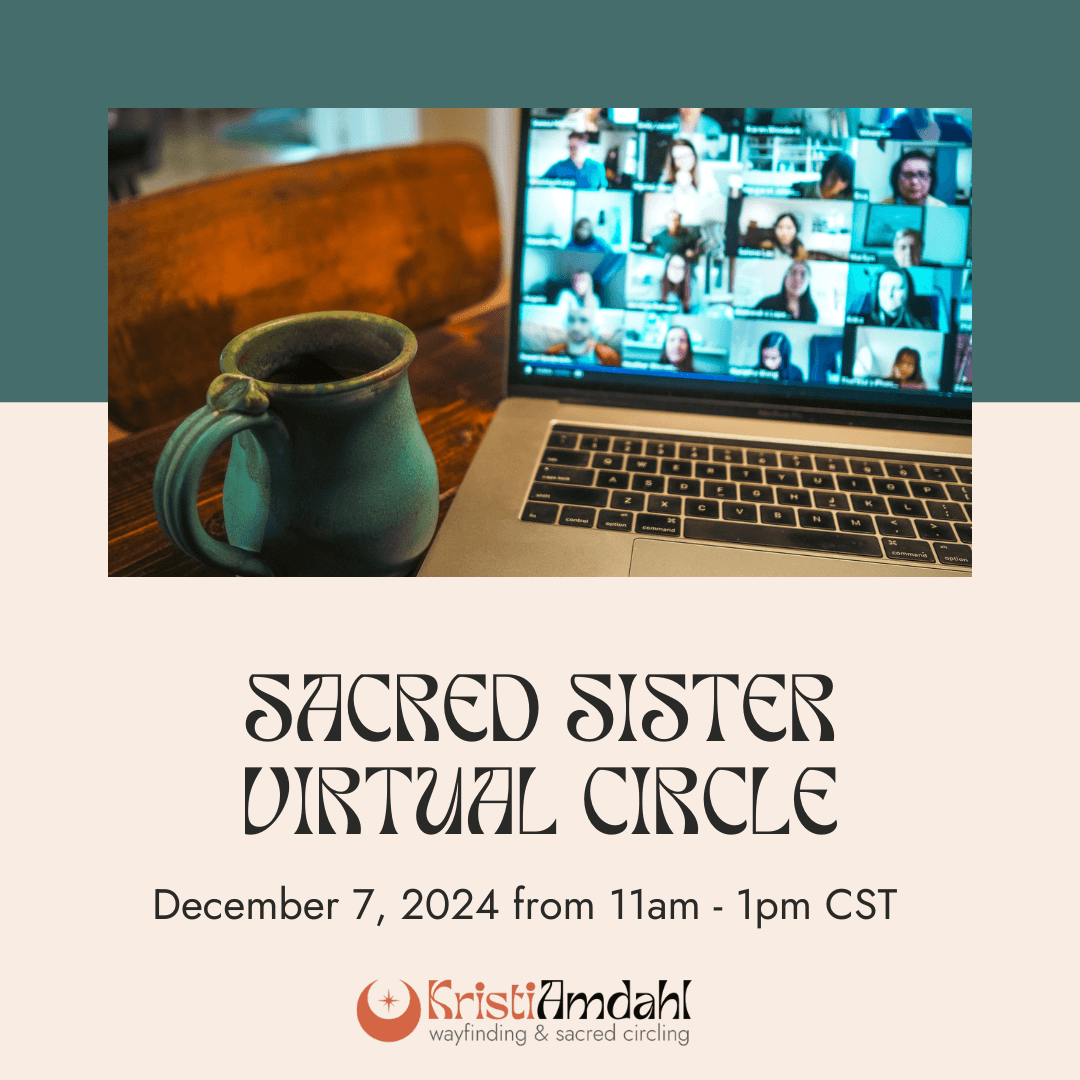 Infographic with a laptop showing a Zoom screen with the title "Sacred Sister Virtual Circle"