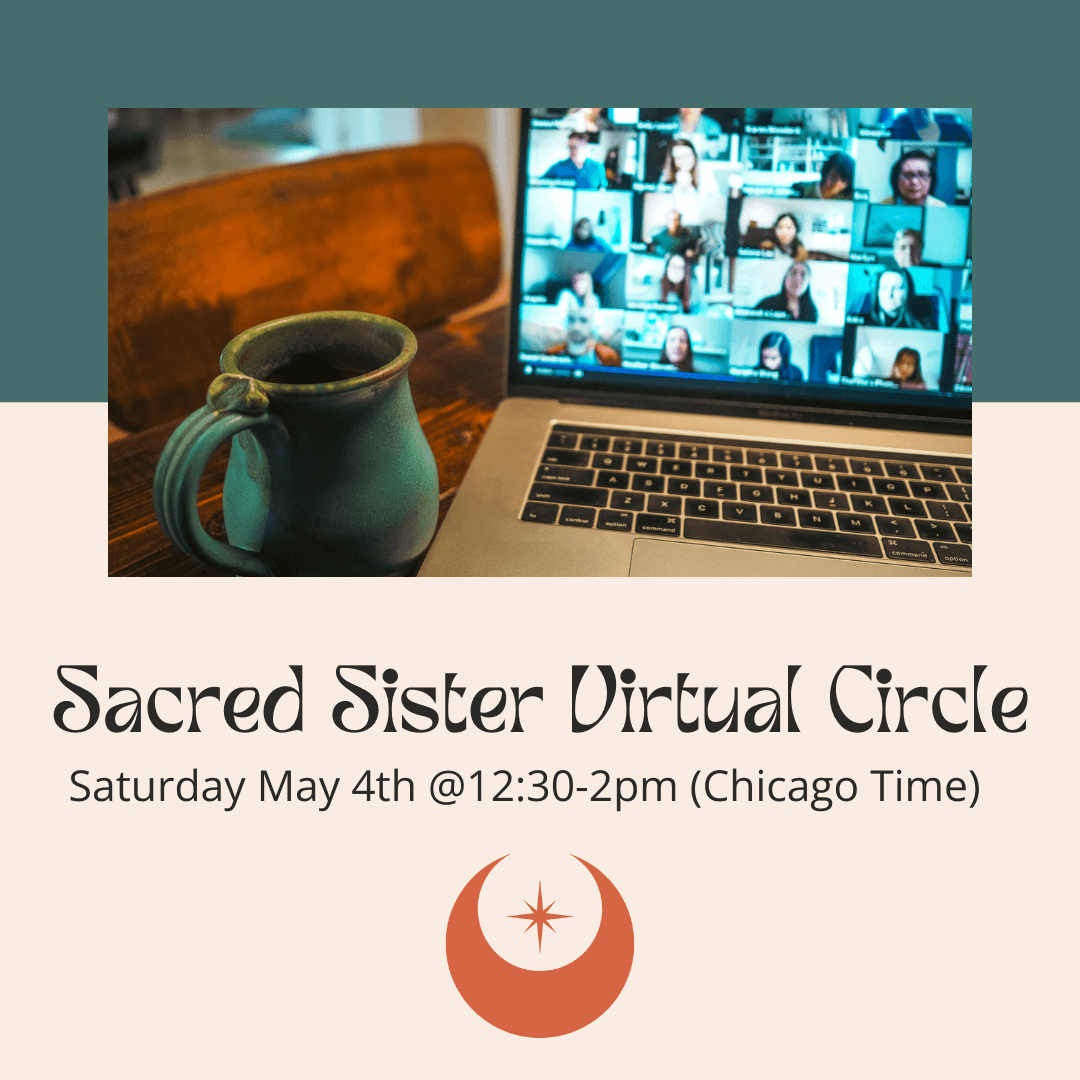 picture of a laptop and an invitation to join a sacred sister virtual circle on May 4, 2024