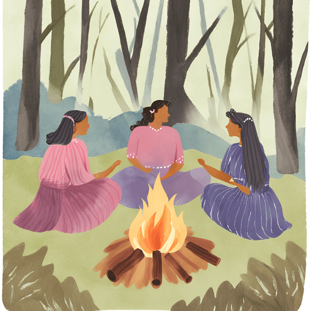 watercolor painting of a women's fire circle in the woods